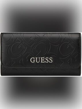 Guess Black Embossed Logo Compact Wallet with Silver-Tone Branding, Snap Button